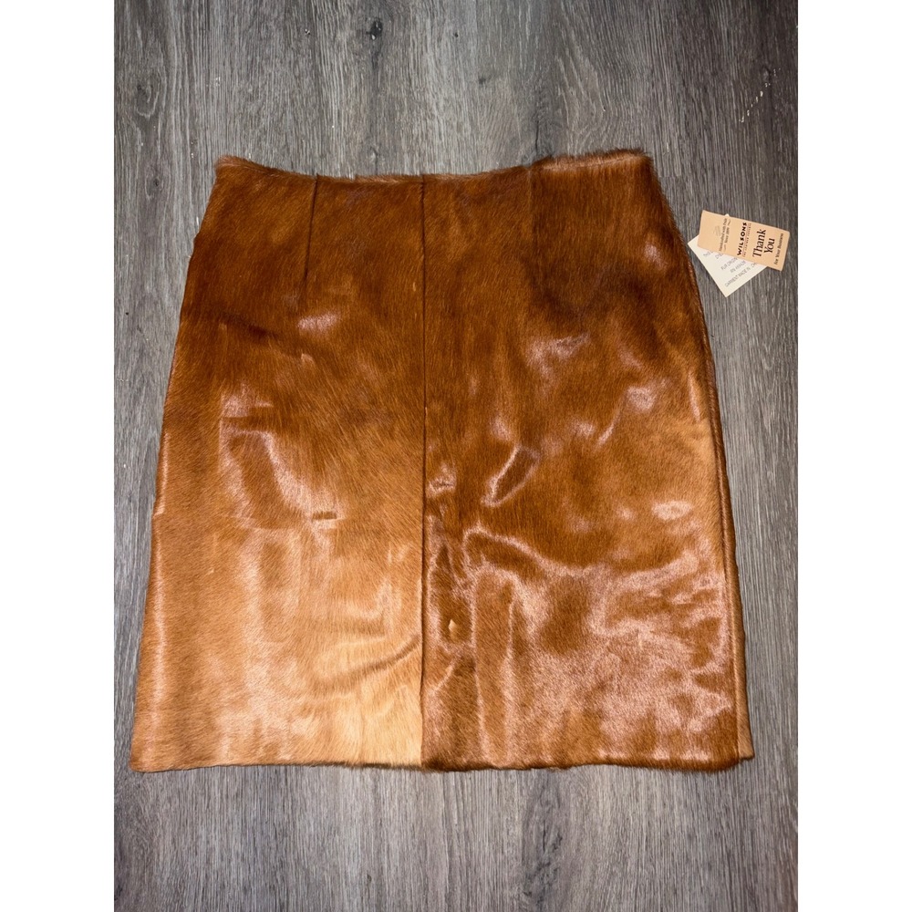 Wilsons Leather Pelle Studio Cow Hair Hide Skirt Brown Orange Lining Size 8 NEW